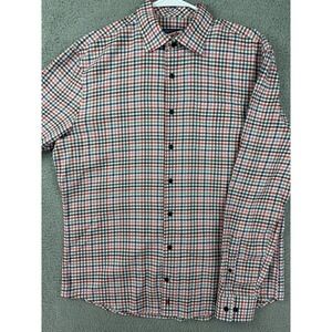 Johnnie O Shirt Mens Medium Red Blue Plaid Hangin Out Stretch Button Up Casual